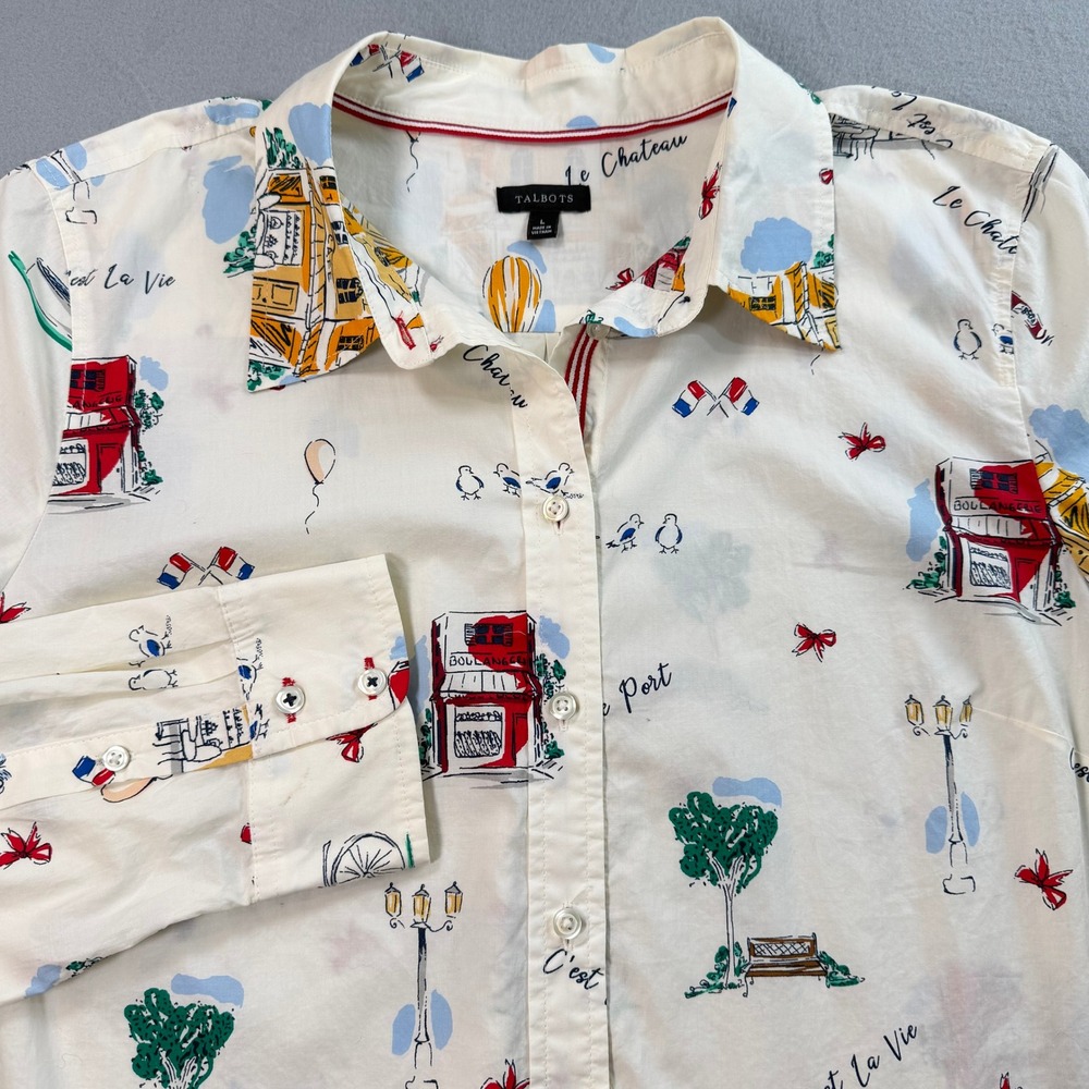 Talbots Womens White Button Down Sz L French Novelty C'est La Vie Whimsical - Picture 9 of 13